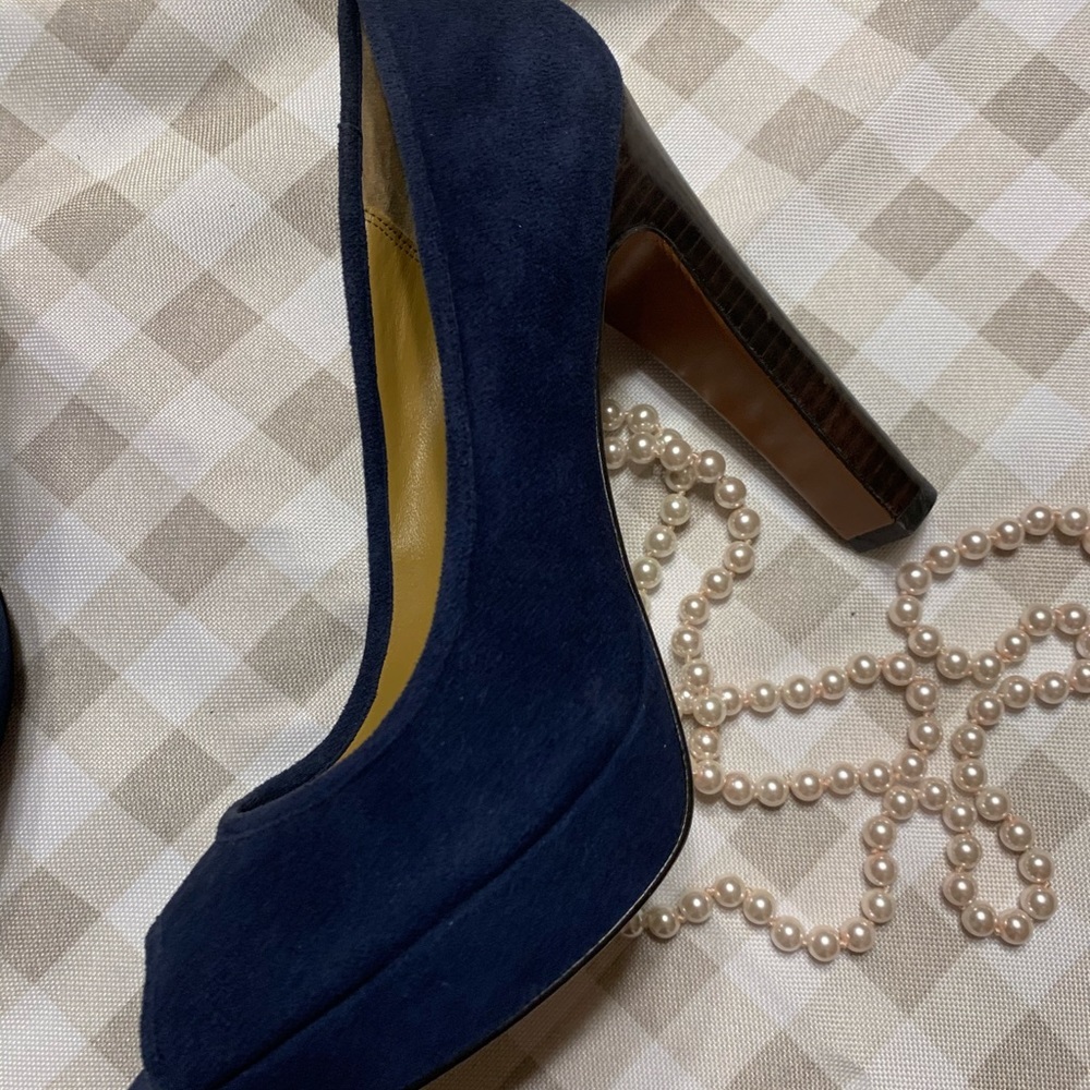 Coach Navy Suede Platform Peep-Toe Pumps - Picture 5 of 7